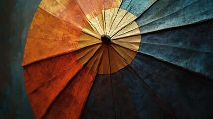 Vibrant traditional umbrella with intricate patterns showcasing rich colors and textures from above against a dark background