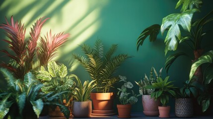 Fototapeta premium Lush indoor plants arrangement against a vibrant green wall showcasing natural beauty and tranquility in a cozy space