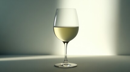 Fototapeta premium Elegant glass of white wine filled to the brim, illuminated by soft lighting against a minimalistic background, highlighting the wine's clarity, beverage, dining, culinary experience.