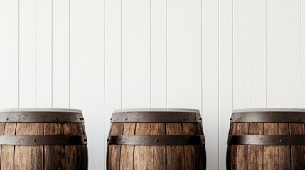 Obraz premium Rustic wooden barrels positioned against a clean white wall, emphasizing texture and craftsmanship, ideal for vintage decor, food and beverage themes, and rustic aesthetics.