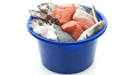 Fresh marine fish assortment in a blue bucket showcasing diversity and freshness against a clean white background for seafood concepts.
