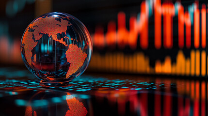 crystal-clear globe rests on a financial chart, symbolizing global markets, economic connections, sustainability, and the interdependence of finance and environmental stewardship