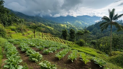 Lush green lettuce plantation in a wide-angle view, surrounded by mountainous terrain and cloudy sky, emphasizing rural agriculture, organic farming, and nature.