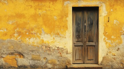 Vintage yellow wall texture featuring varying shades and a rustic wooden door, ideal for backgrounds and design projects.