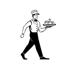 Smiling waiter carrying bread on a tray.