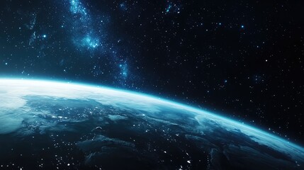 Fototapeta premium Stunning view of Earth illuminated by stars and the Milky Way from deep space showcasing cosmic beauty and planetary perspective.