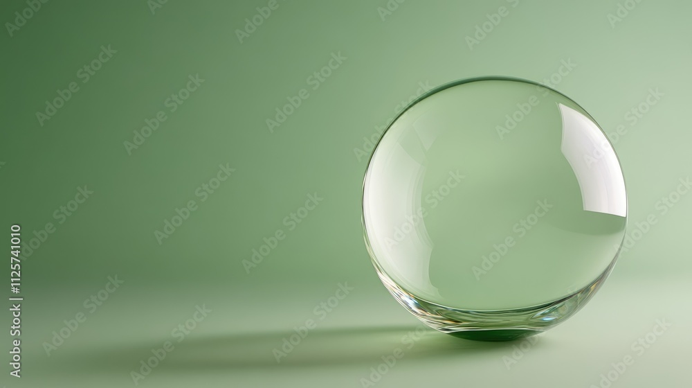 Poster transparent glass sphere on soft green backdrop with ample space for your text or design elements