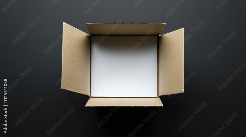 Poster isolated top view of a white open cardboard box with flaps extended on a dark black background, pack
