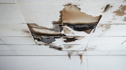Water damage ceiling with brown stains in an office building highlighting structural deterioration and maintenance issues.