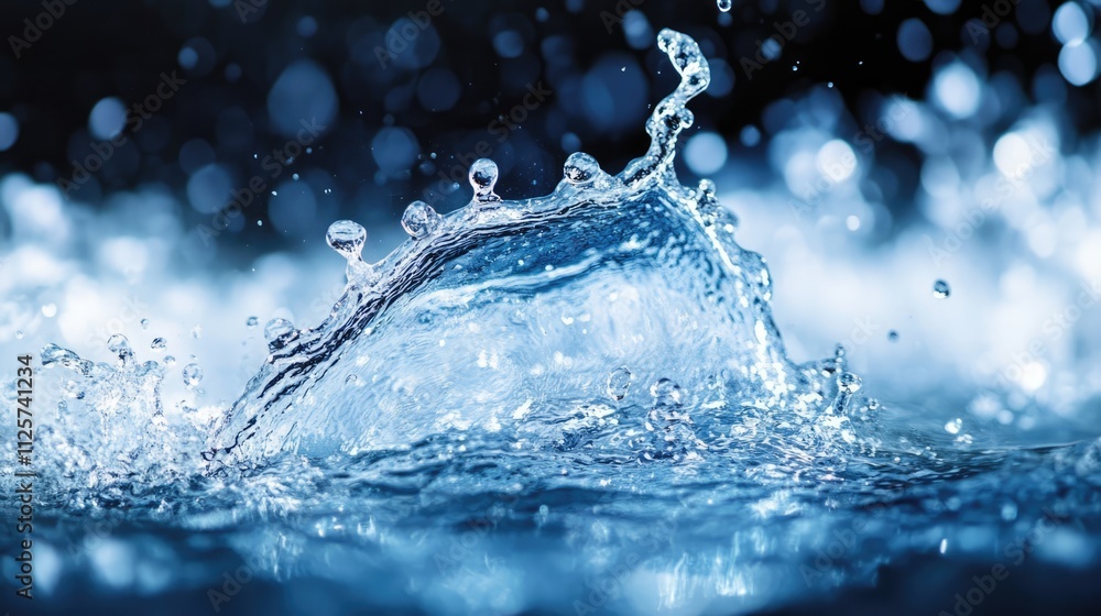 Poster dynamic water splash creating ripples against a dark background with sparkling droplets, ideal for h