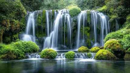 Obraz premium Serene Waterfall in Lush Greenery: A Tranquil Oasis of Nature