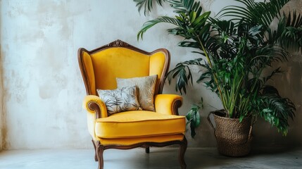 Vintage yellow armchair adorned with decorative pillows alongside a lush houseplant against a textured white wall backdrop.