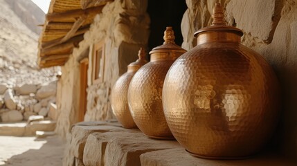 Traditional copper water storage matka displayed near rustic stone structure in natural setting