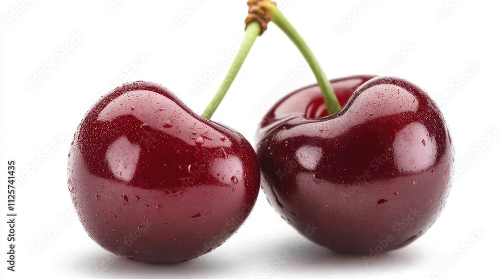 Poster fresh and vibrant cherries with dew droplets on a white background creating a visually appealing and