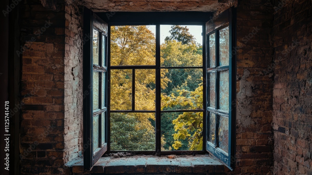 Poster scenic view through an old building window showcasing vibrant trees and natural light in a rustic se