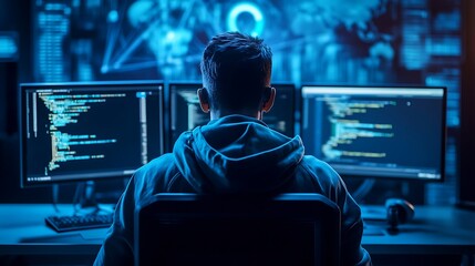 A programmer working intently at multiple screens displaying code and data visuals.