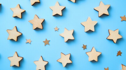 Obraz premium Wooden stars arranged randomly on a blue background creating a playful and whimsical atmosphere for decoration or design concepts.