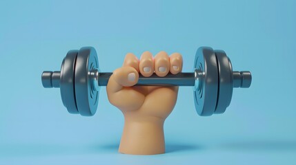Cartoon hand holding a dumbbell against a blue background.