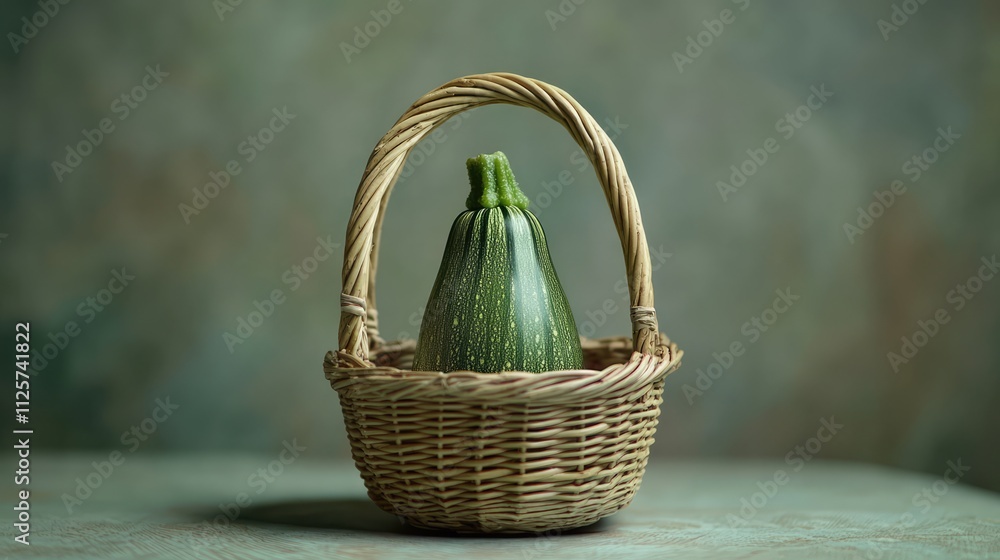 Poster fresh zucchini in a rustic wicker basket on a textured background showcasing its vibrant color and n