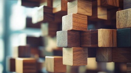Close-up of assorted wooden building blocks in various shapes and sizes, showcasing rich textures and natural grains, ideal for educational themes, play, creativity, childhood.
