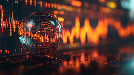crystal-clear globe rests on a financial chart, symbolizing global markets, economic connections, sustainability, and the interdependence of finance and environmental stewardship