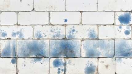 Textured white brick wall featuring unevenly distributed dirty blue spots, creating a weathered appearance, industrial background, grunge aesthetic, urban texture, vintage style.