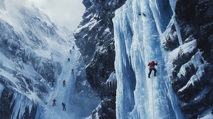 Climbers ascend a frozen waterfall in a dramatic, snowy mountain gorge.