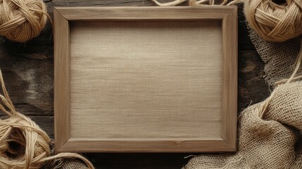 Rustic wooden photo frame mockup with twine and linen flowers in a beige boho style on a textured wooden background