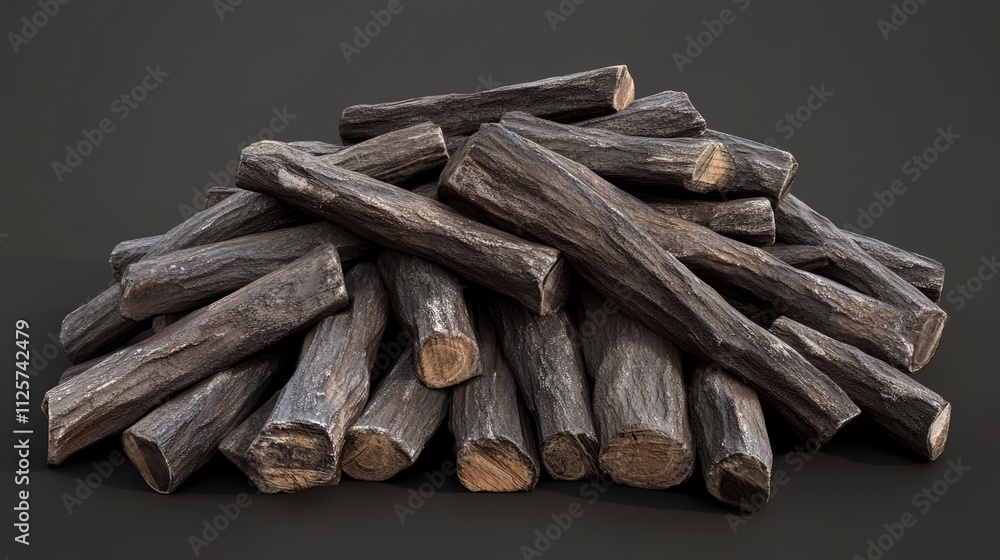 Poster piled wood logs with textured surfaces creating a rustic background suitable for nature and forestry