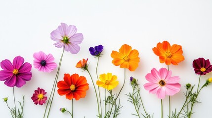 Colorful cosmos flowers in various shades arranged on a white background showcasing their natural beauty and vibrant hues.