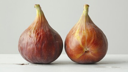 Obraz premium Close up of two ripe organic figs displayed on a rustic white wooden table highlighting their natural texture and color.