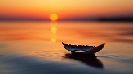 A single leaf floats on calm water at sunset, reflecting the warm light.