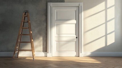 Interior construction scene featuring a wooden ladder beside an uninstalled white door in a new home with soft sunlight casting shadows.