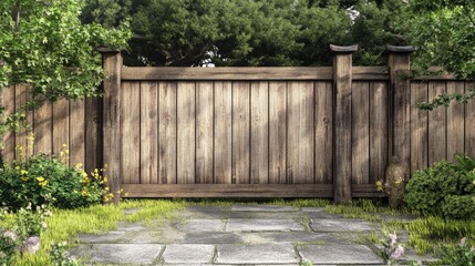 Japanese wooden fence surrounded by greenery and stone pathway creating a serene outdoor atmosphere in a traditional garden setting