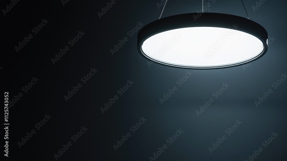 Poster modern ceiling light fixture glowing brightly against a dark background creating a minimalist and el