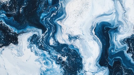 Abstract blue and white marble texture with fluid patterns creating a serene and elegant background for design projects and presentations