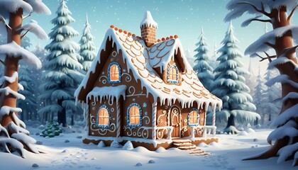 Fototapeta premium A charming gingerbread house sits in a snowy winter forest. The scene is magical and evokes feelings of warmth and holiday cheer.