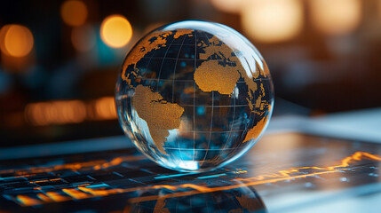 crystal-clear globe rests on a financial chart, symbolizing global markets, economic connections, sustainability, and the interdependence of finance and environmental stewardship