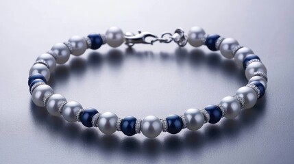 Obraz premium Elegant white pearl bracelet adorned with titanium accents and colorful stones on a sleek surface.