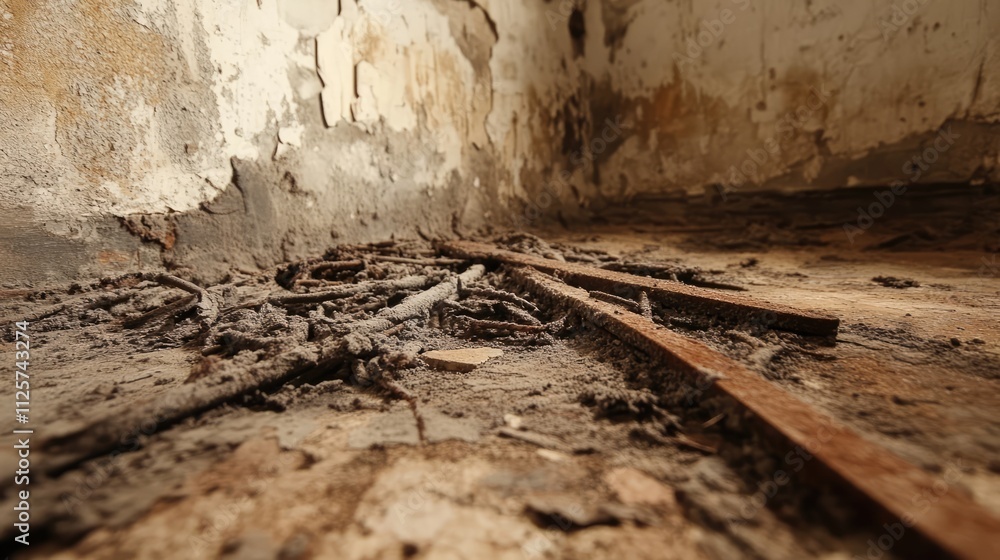 Poster hardened rust and iron filings creating a textured surface on an abandoned wall and floor in a dilap