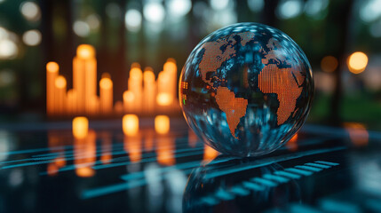 crystal-clear globe rests on a financial chart, symbolizing global markets, economic connections, sustainability, and the interdependence of finance and environmental stewardship
