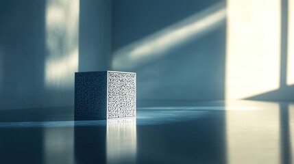 Ornate cube in sunlit minimalist room.