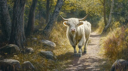 Naklejka premium White Highland cattle walking on a forest hiking path surrounded by trees and grass, with soft natural lighting creating a serene rural scene, livestock, nature, wildlife, countryside.