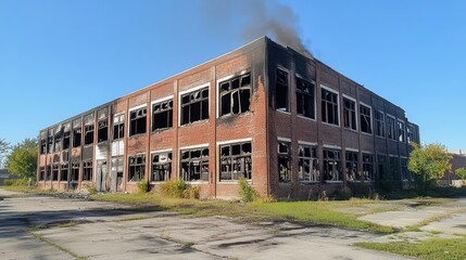 Fototapeta premium Abandoned burnt brick industrial building with charred windows and visible flame marks, set against a clear blue sky, urban decay, architectural ruin, desolation, photography.