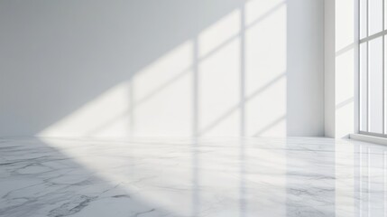 Obraz premium Modern white marble floor with natural light and shadows in a minimalist interior setting, ideal for contemporary design concepts.