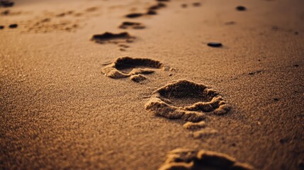 Footprints in soft golden sand at sunset creating a serene coastal atmosphere highlighting tranquility and nature's beauty.