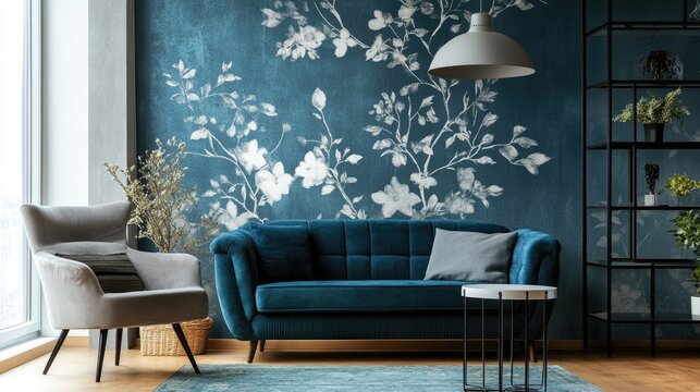 Professional wallpaper installation showcasing modern floral design in a stylish living room transforming home aesthetics and decor.