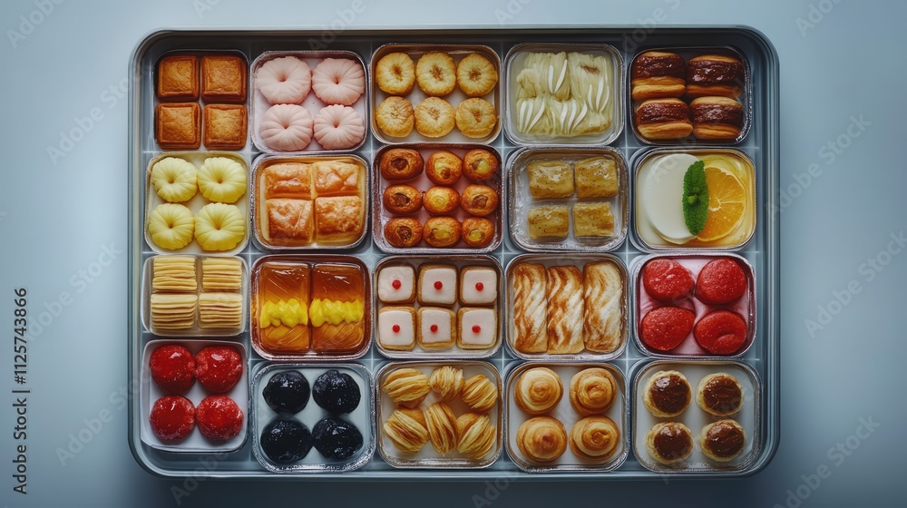 Poster assorted traditional pastries beautifully arranged in a container showcasing an array of textures an