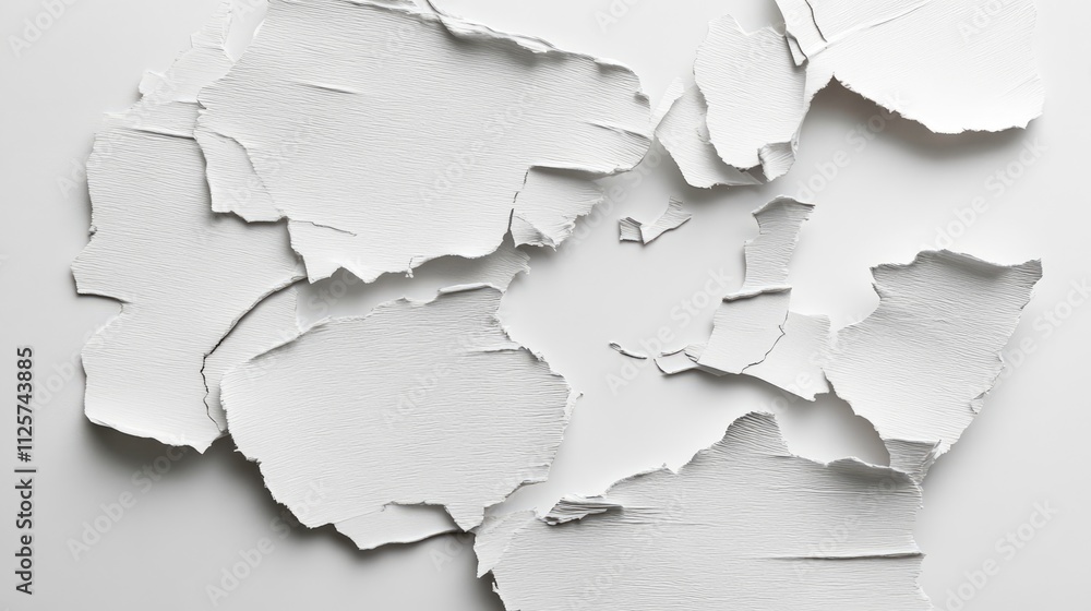 Poster textured white torn paper fragments on a light background for creative design and background use