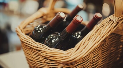 Wicker basket filled with red wine bottles arranged elegantly on a table in a cozy setting